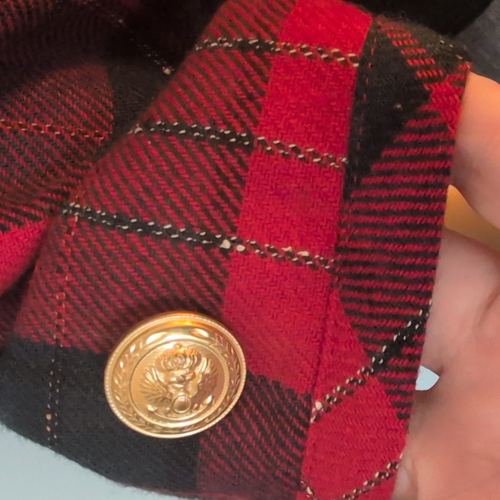 Vintage Red Plaid Tweed Jacket Gold Crest Buttons Peter Pan Collar Blazer - Picture 10 of 17